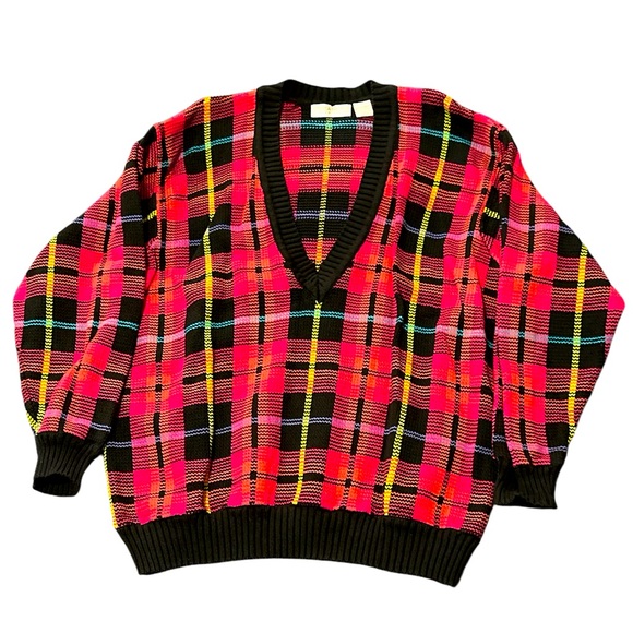 Bright Pink and Black Tartan V-neck Sweater - Picture 2 of 3